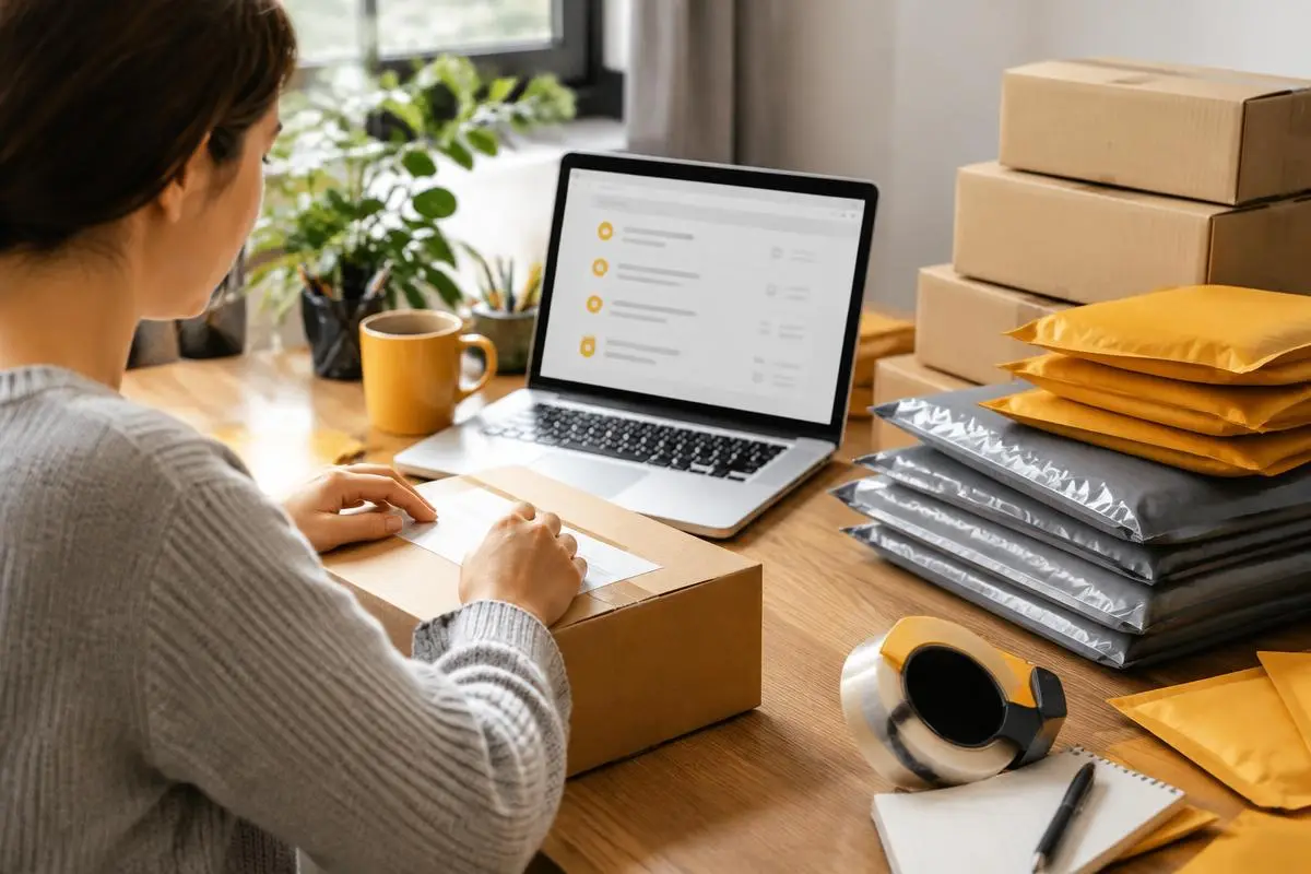 A Shopify orders screen next to packed parcels