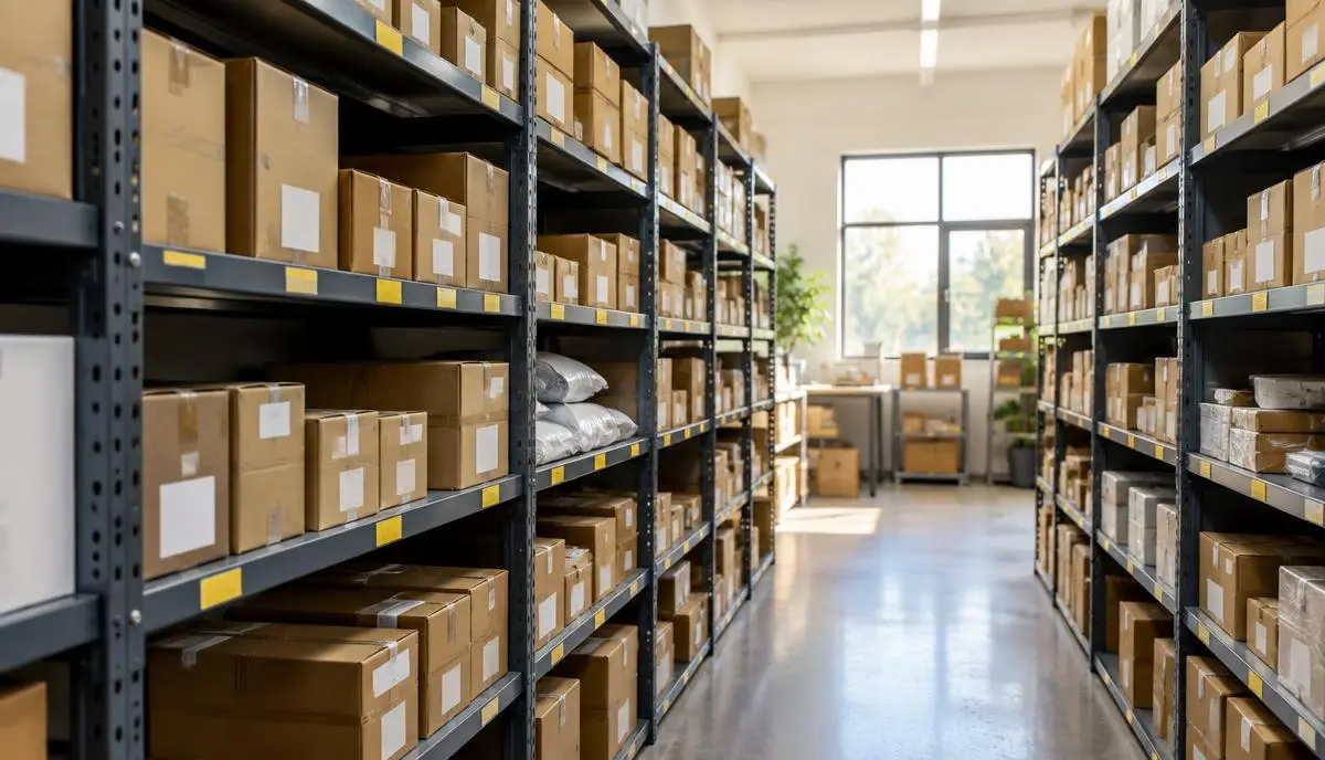 Shelves of labelled parcels in a fulfilment unit