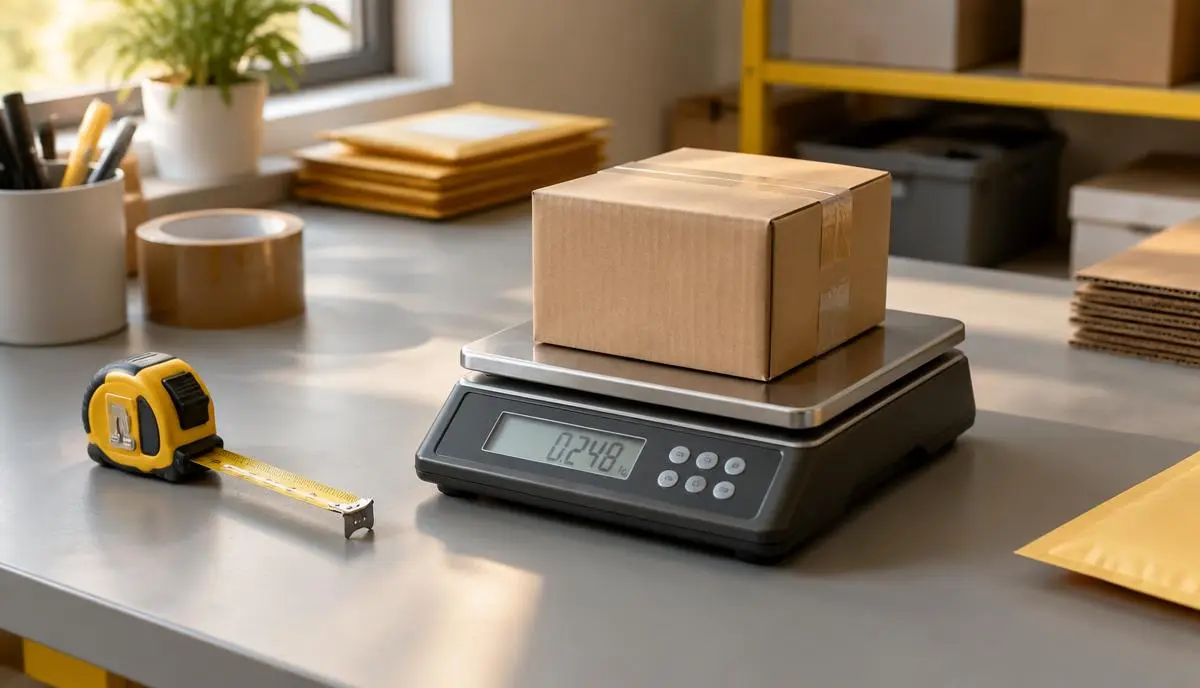A parcel being weighed and measured before posting