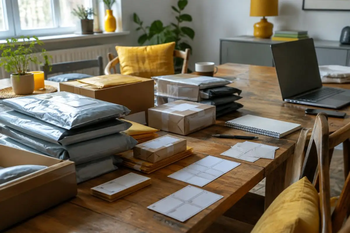 A kitchen table covered in orders waiting to be packed